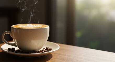 Obraz premium Steaming cup of latte coffee on wooden table with beans. Concept of morning energy, cozy cafe atmosphere. Use for menu design or blog post.