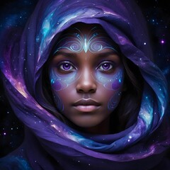 Celestial Veil Portrait of a Woman in a Galaxy-Inspired Headscarf