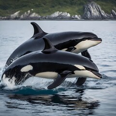 Fototapeta premium Orcas leaping from the ocean
