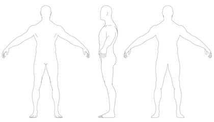 Three figures are shown in a black and white illustration. The figures are all standing upright and are all naked. Front, side, back view