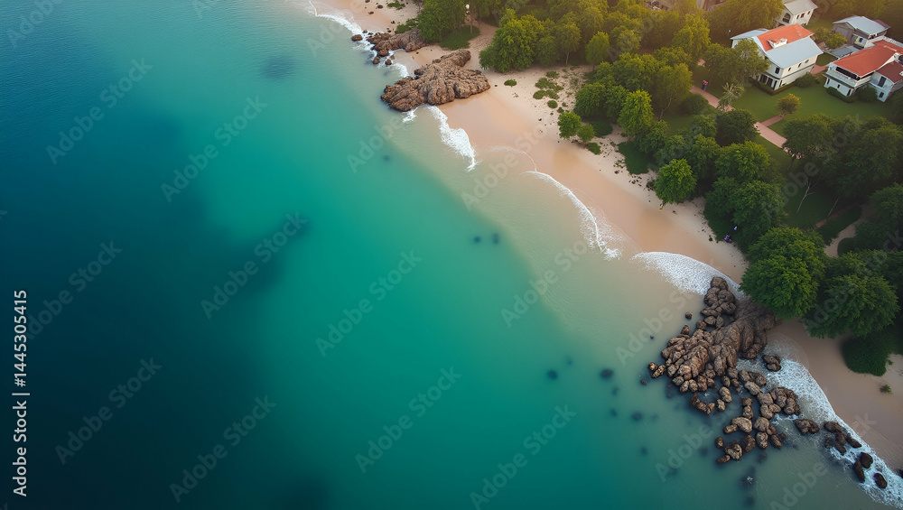 Poster aerial drone shot of shoreline flooding with color-coded depth overlay & risk warnings - conceptual 