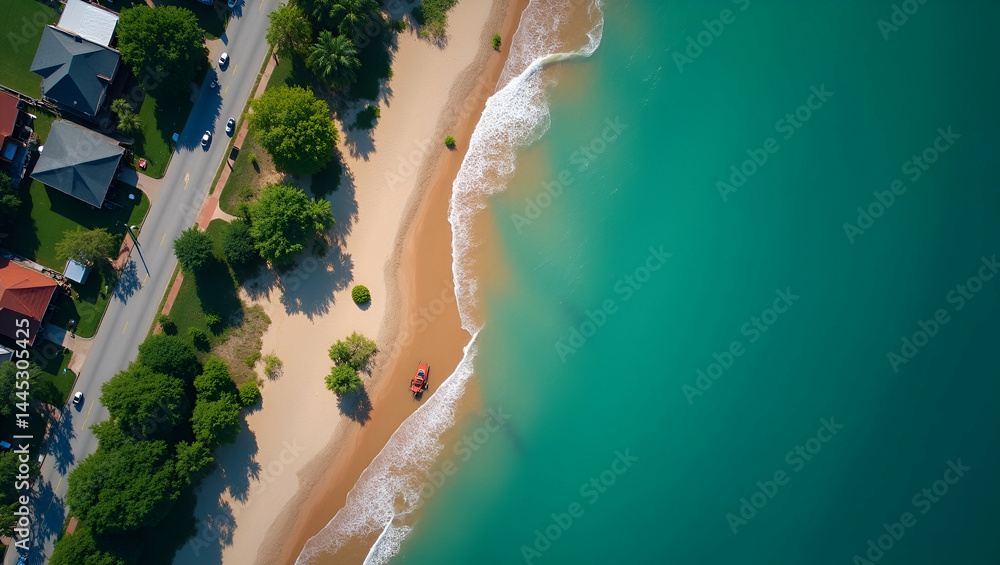 Poster aerial drone view of shoreline flooding with color-coded depth overlay and risk labels - ideal for e