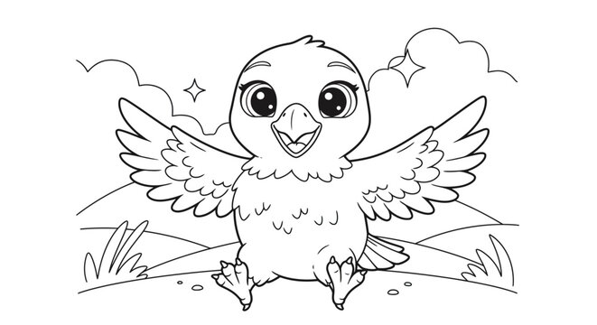 Fierce Baby Eagle Cartoon Outline for Childrens Birds of Prey Coloring