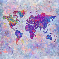 Watercolor style, world map, colorful, Asia-centered map. World map in watercolor style. Earth globe in watercolor style. Colorful world map consisting of triangles. Rainbow watercolor splatter
