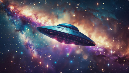 Obraz premium An otherworldly spaceship soars through a vibrant nebula, traversing the vast expanse of space.
