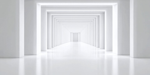Bright white modern corridor with repetitive rectangular frames and reflective floor creating clean, minimalist, and futuristic atmosphere filled with light and symmetry