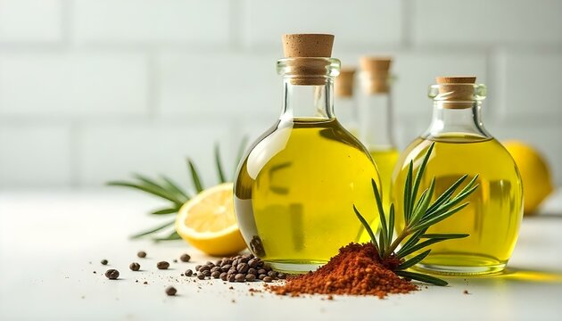 corked bottles of oil flavored with rosemary and different spices on white surface