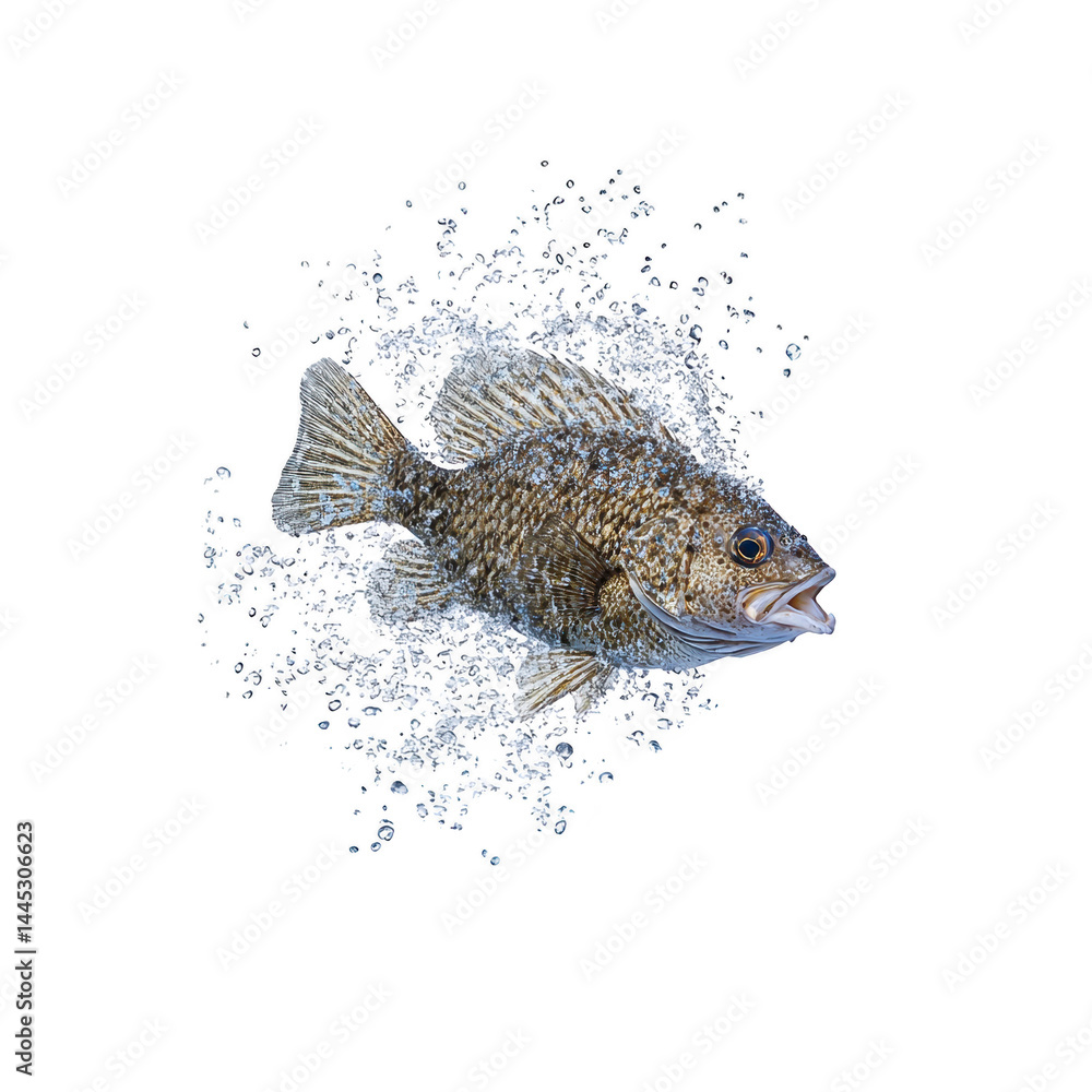 Poster fish surrounded by splashing water droplets creates dynamic and lively scene. fish appears to be in 