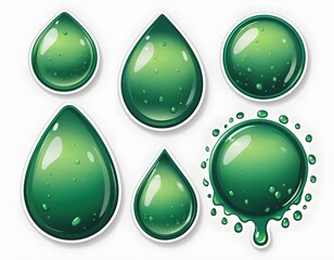 Green Liquid Droplets and Splashes, Set of Stickers