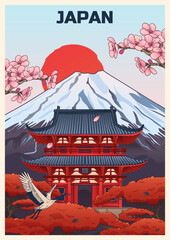 Vintage japanese Illustration with Pagoda and Mont Fuji