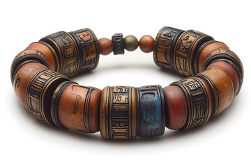 An ancientstyle bracelet made with decorative and engraved wooden beads