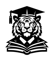 tiger graduation icon logo with paper hat black color vector on white background
