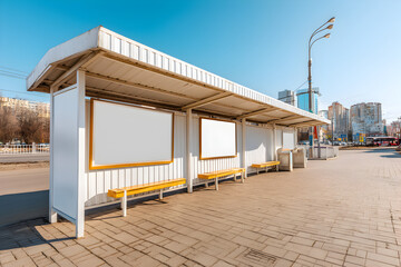 Empty bus stop with a modern design, sunlit urban environment, ideal for ads or travel-related content, clean minimalism.