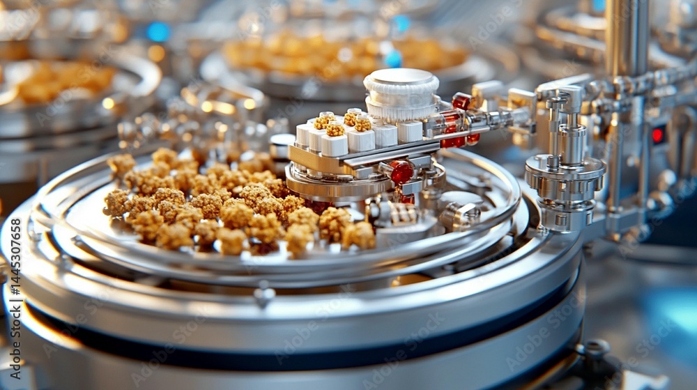 Poster automated food processing machine with golden nuggets moving along conveyor belt in factory.