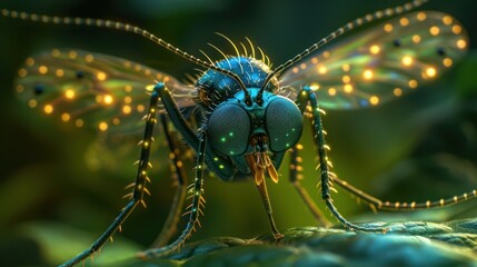 Dazzling mosquito portrait on lush leaf