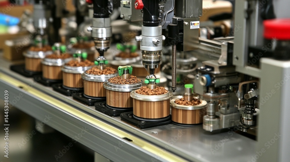 Poster automated machine precisely filling cylindrical containers with coffee beans.