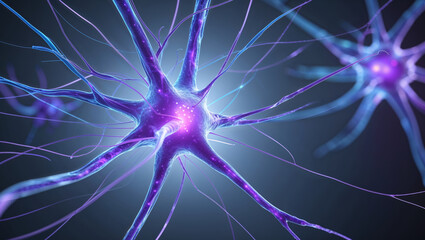 Illuminated neuron cells display intricate details of biological structures in a blue background.