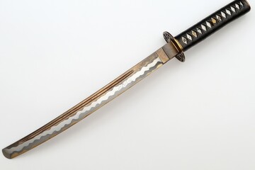 An antique Japanese sword lies alone on a white background