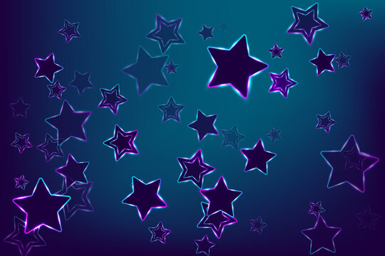Led photic neon stars vector poster background. Pink blue purple teal neon stars with led light effect. Music banner backdrop. Transparent stars with double outline.