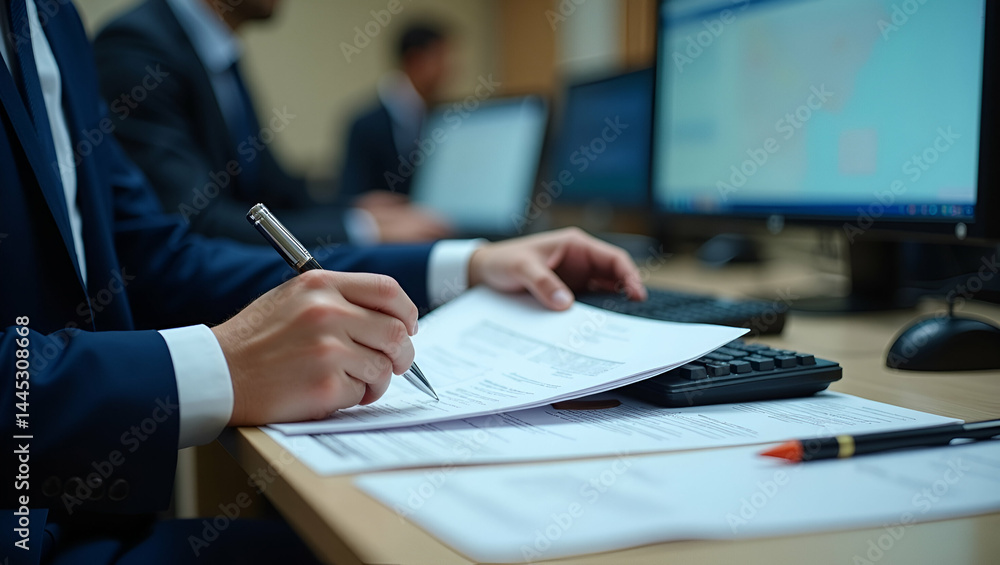 Poster customs official completing eu goods declaration at busy port desk with stamped files and computer t