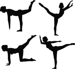 Black and White Yoga Pose Silhouettes – Minimalist Vector Illustration of Graceful Female Figures in Dynamic Stretching Positions, Symmetrical Composition and Zen-Inspired Fitness Art