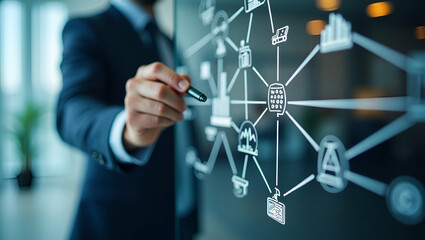 Close Up of Industry Consultant Writing Supply Chain Economics Forecast on Glass Whiteboard with Interconnected Nodes, Production, Distribution, Consumption Linkages, Empty Space