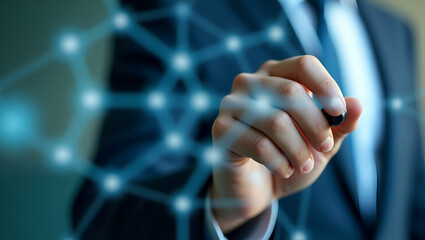 Close up of industry consultant writing supply chain economics forecast on glass whiteboard with interconnected nodes representing production distribution and consumption linkages in  Photo Stock  Con