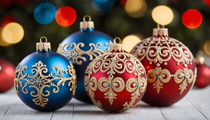 Elegant Red and Blue Christmas Ornaments with Gold Accents