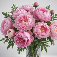Vibrant pink peonies & roses bouquet  White background  Copy space ,  bloom,  studio shot,  floral
