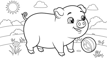 Obraz premium Cute Cartoon Laughing Piglet Coloring Sheet Engaging Kids Farm Animal Activity