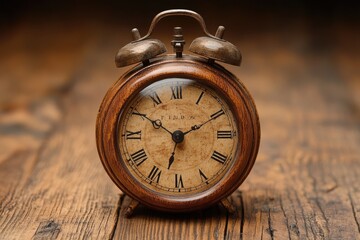 An antique wooden alarm clock resting on a wooden surface