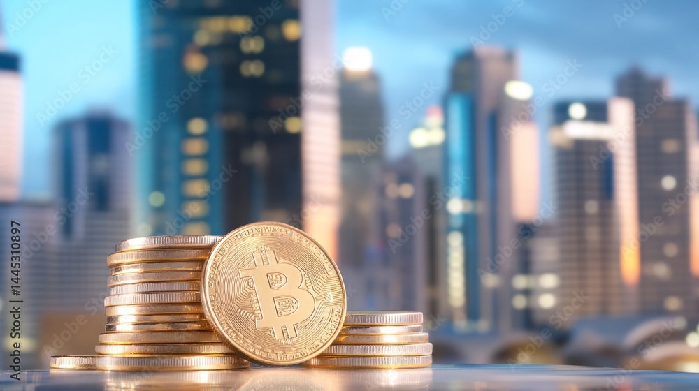 Poster bitcoin's rise in the metropolis: a symbolic representation of digital currency's integration into t