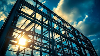 Fototapeta premium Exterior view of a steel building framework under construction.