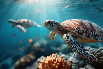Fototapeta premium Sea Turtles underwater world with coral, swimming serenely in the ocean, sunlit surface, coral reef, underwater landscape background, Illustration, Photography