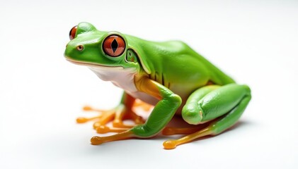 Naklejka premium Green tree frog perched on white, vibrant skin, animal photography, herpetology