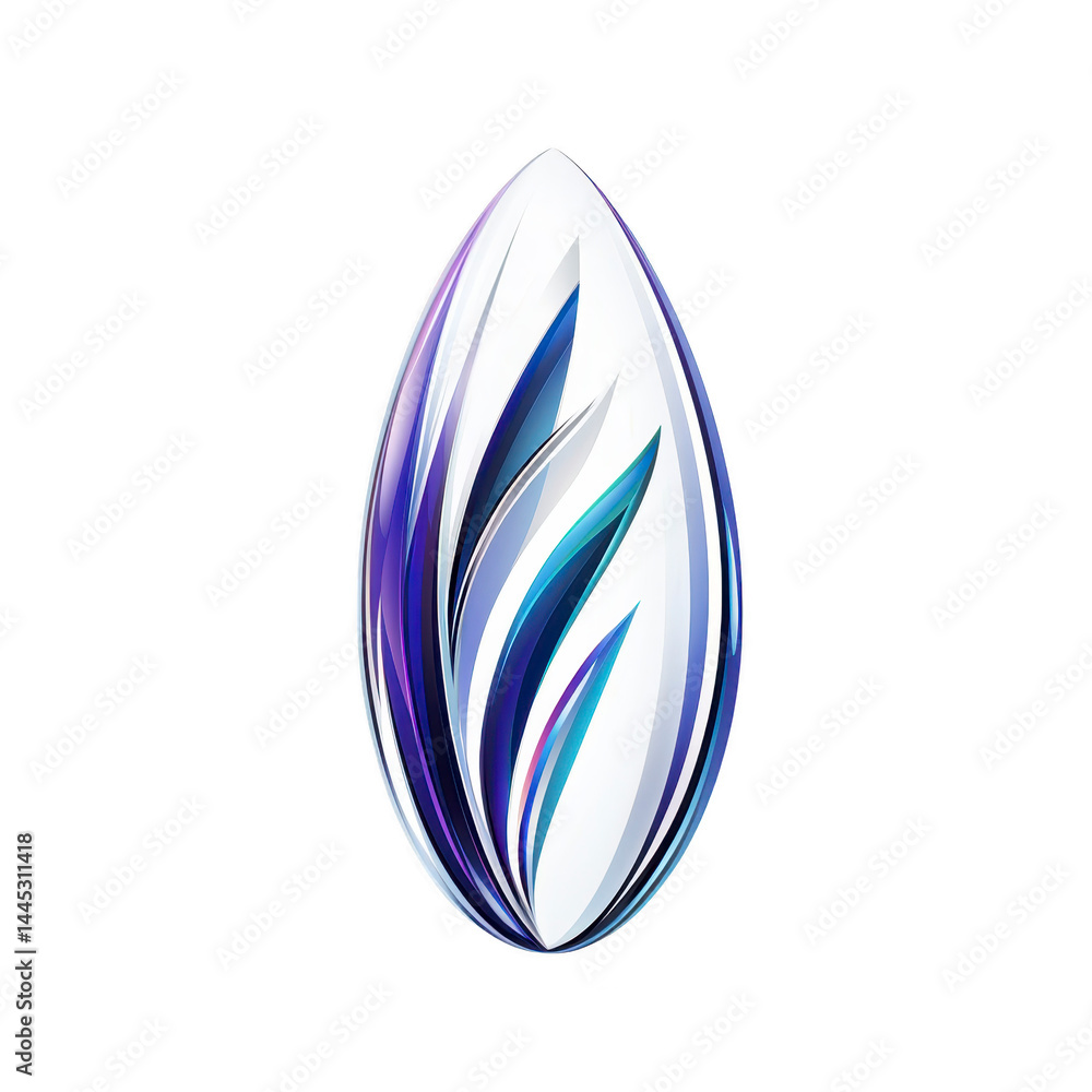 Poster sleek, abstract design featuring teardrop shape with blue and white gradient patterns, evoking sense