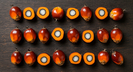 Palm fruit array: Whole & halved, vibrant orange slices on dark wood.