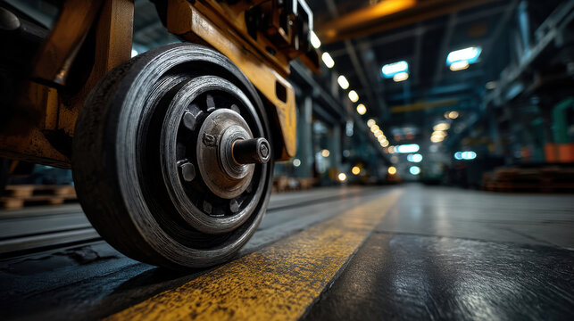 Heavy duty industrial caster wheel closeup on factory floor with yellow safety line and blurred background lights creating focused and intense atmosphere