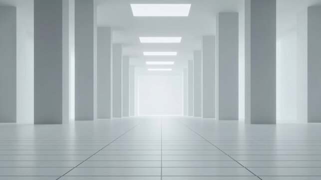 Completely bright empty room with no objects, featuring tall rectangular columns and ceiling lights, creating spacious and clean modern interior atmosphere