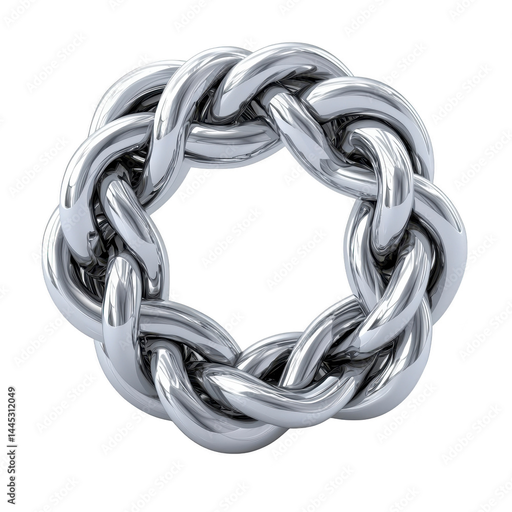 Poster shiny, metallic chain link circle with polished silver finish, forming seamless loop. interlocking d