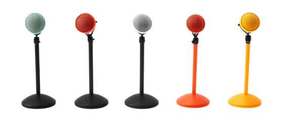 Pack of Microphone Stands in Five Different Poses Against Transparent Background for Audio Equipment Branding, Music Setup Promotion, or Studio Design Projects