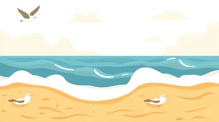 Seascape Illustration: Calm Ocean Waves Meeting Sandy Shore with Seagulls