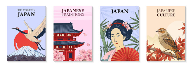 Vintage japanese Culture Vertical Banner Set