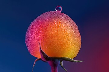 Dew-covered rosebud, vibrant orange and pink hues, single water droplet on top.