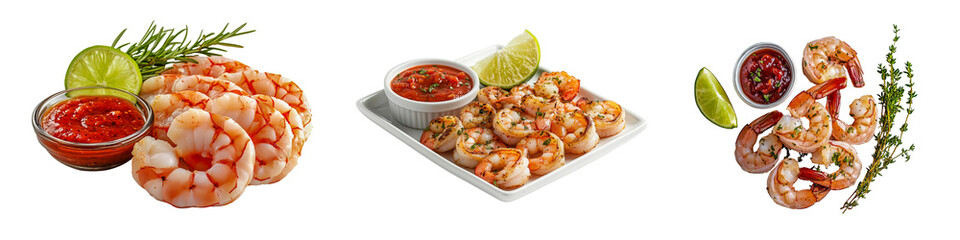 A collection of shrimp dishes served with lime and dipping sauce, isolated on white.