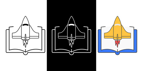 Spaceship and book icon representing science fiction, futuristic adventure novels, and interstellar storytelling with cosmic exploration themes. © Moch
