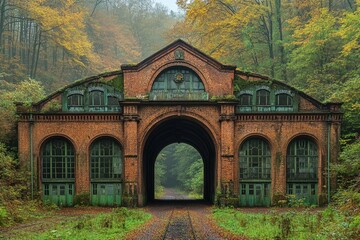 Obraz premium An old brick train station surrounded by autumn foliage and nature