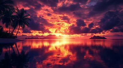 Dramatic tropical sunset over a calm ocean.
