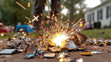 Close-up of a burning firework, sparks flying, with blurred background of people and grass.