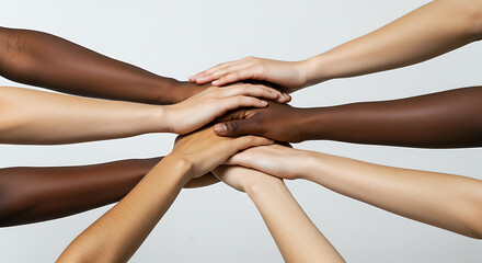 Interlocked hands of diverse skin tones, united in teamwork and collaboration, against white.